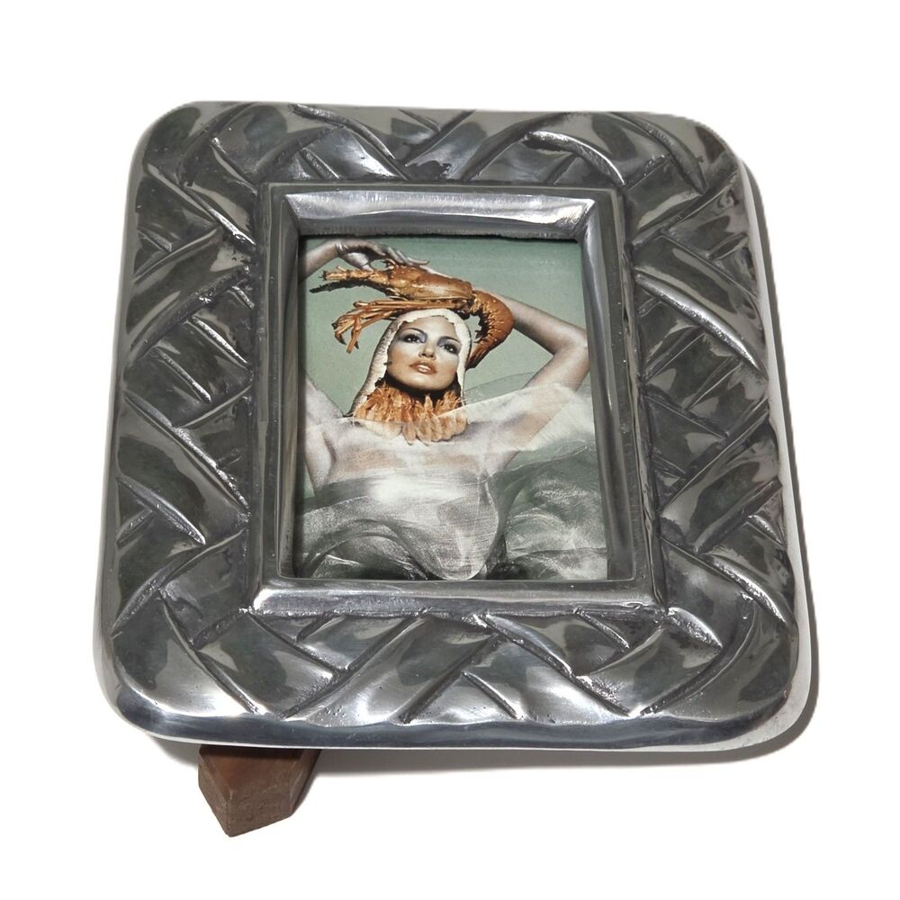 VTG Savash Mexican Pewter Picture Frame 7.5” x 6” Woven Basketweave Wooden Back